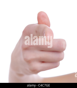 Weibliche Hand zeigt mit dem Finger auf einem weißen Hintergrund Stockfoto