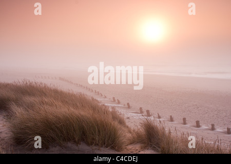 Ein nebliger Sonnenaufgang am Spurn Point getroffen von den Sanddünen mit Buhne Beiträge verschwinden im Nebel Stockfoto