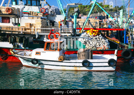 Türkische Angelboote/Fischerboote in Kusadasi, Türkei gebunden. Stockfoto