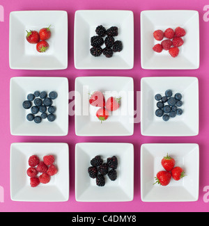 Strawberries, raspberries, blueberries and blackberries in square dishes on a pink background Stockfoto