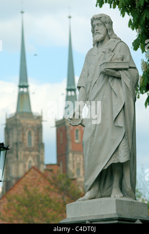 Statue des Heiligen Johannes des Täufers und Kathedrale thront Wroclaw Stockfoto