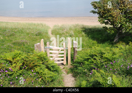 LLanddwyn Island malerische Holztor mit keltischen Schnitzereien, die hinunter zum Strand Newborough Anglesey Sir Fon Wales Cymru UK GB Stockfoto