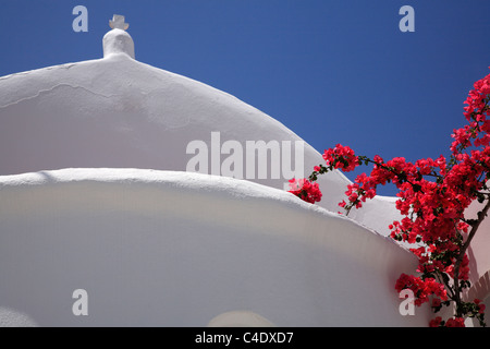 Griechisch-orthodoxe Kirche und Bougainvillea Busch Griechenland Stockfoto