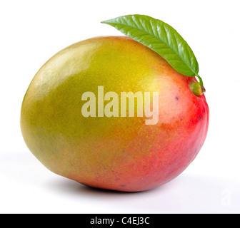 Mango mit Blättern auf weißem Hintergrund Stockfoto