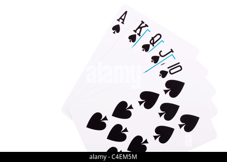 Pik Royal Flush auf weißem Hintergrund Stockfoto