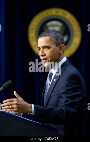 Präsident Barack Obama beteiligt sich an einer Pressekonferenz im Weißen Haus. Stockfoto