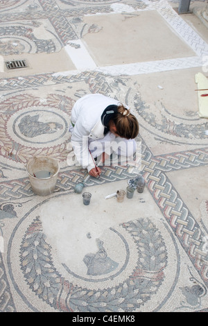 Restauratorin arbeitet am 4. CenturyAD Römische Mosaiken in der kaiserlichen Villa Casale (Villa Imperiale del Casale). Piazza Armarina, Stockfoto