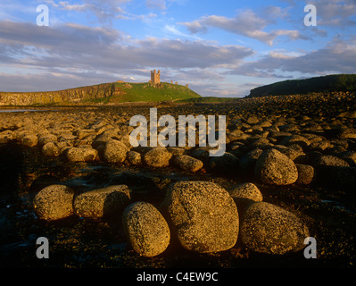 Sonnenaufgang über den Felsen von Embleton Bay vor Dunstanburgh Castle, Northumberland Küste Stockfoto