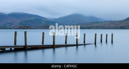 Teilweise eingetauchten Holzsteg auf Derwentwater mit Blick auf Keswick und Blencathra, Brandelhow Bay, Lake District Stockfoto