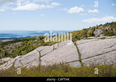 Blick vom Gipfel Weg auf Cadillac Mountain im Acadia National Park auf Mount Desert Island, Maine, USA. Stockfoto