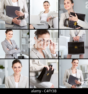 Collage der erfolgreiche Geschäftsfrau im Büro Stockfoto