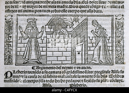 Fernando de Rojas (1465-1541). Spanischer Schriftsteller. Tragikomödie von Calisto und Melibea oder La Celestina. Gravur. Burgos, 1531. Stockfoto