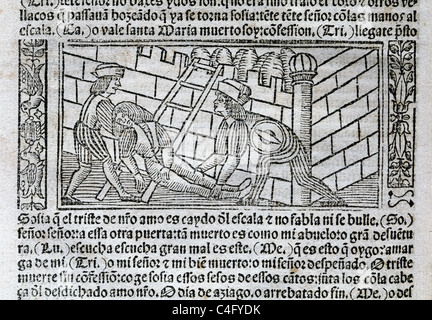 Fernando de Rojas (1465-1541). Spanischer Schriftsteller. Tragikomödie von Calisto und Melibea oder La Celestina. Gravur. Burgos, 1531. Stockfoto