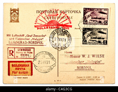 Auf der Rückseite der eine Postkarte geschickt, um den Adressaten am Nordpol aus Leningrad 25.8.1931 von Graf Zeppelin gestempelt Stockfoto