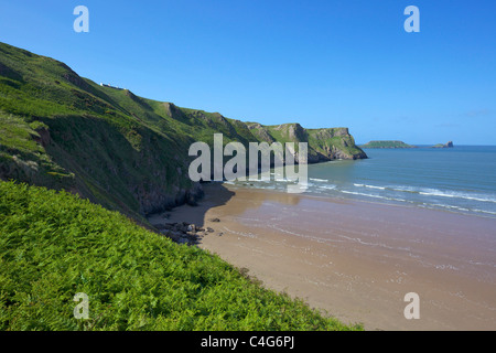 Rhossili Strand mit Blick auf Wurmkopf in Frühlingssonne Gower Halbinsel South Wales Cymru UK GB British Isles Stockfoto