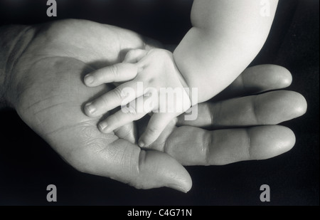 Baby Hand auf Hand des Vaters Stockfoto
