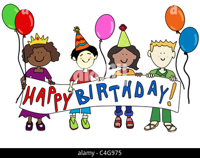 Glücklich multikulturellen Cartoon Kinder halten einen Happy Birthday banner Stockfoto