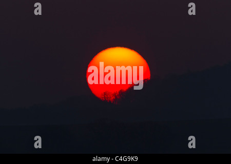 Sonnenaufgang im Winter, mit Sonnenflecken, Niedersachsen, Deutschland Stockfoto