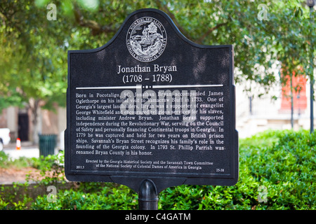 Jonathan Bryan Memorial Plaque, Franklin Park, Savannah, Georgia Stockfoto