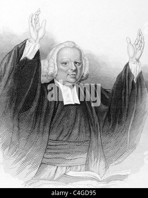 John Wesley (1703-1791) Predigt über eine aufgeschlagene Bibel auf Gravur aus den 1800er Jahren. Anglikanischer Geistlicher und christlicher Theologe. Stockfoto