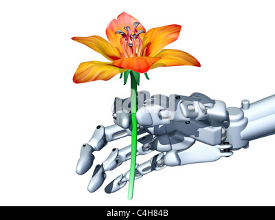 Abbildung eines Roboters sanft, die eine orange Blume Stockfoto
