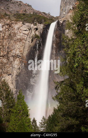 Yosemite National Park uns Wasserfälle Bridalveil Falls seidig Feder volle Wasserdurchfluss rainbow im Nebel an der Basis zwischen Bäumen, Low Angle Pt panorama Stockfoto