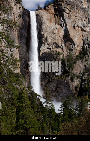Yosemite National Park uns Wasserfälle Bridalveil Falls seidig Frühling voller Durchsatz, Nebel, die an der Basis über Bäumen, bezeichnendes Licht auf Felswand niedrigen Winkel Stockfoto