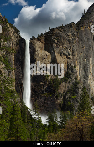 Yosemite National Park uns Wasserfälle Bridal Veil Falls seidig Frühling voller Durchsatz, Nebel, die an der Basis über Bäumen, bezeichnendes Licht auf Felswand niedrigen Winkel Stockfoto