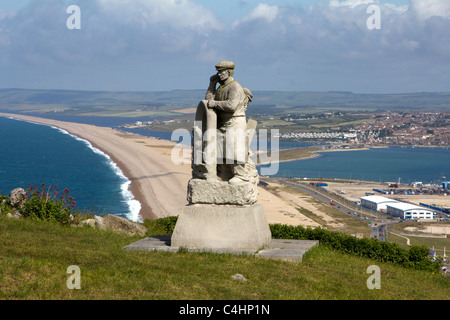 Statue "Spirit of Portland" Chesil Beach aus Portland Höhen Dorset England uk gb Stockfoto