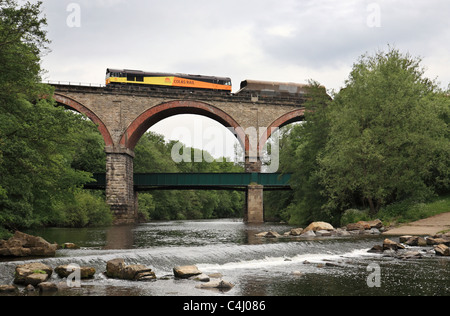 Colas Rail Diesel Lok schleppt ein Kohlezug in Etherley Viadukt auf Weardale Railway, Co. Durham, England, UK Stockfoto