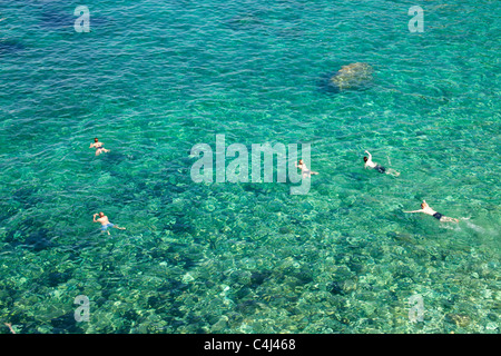 Schwimmen im klaren Wasser des Agios Ioannis Beach an der Nordküste der Insel Skopelos, nördlichen Sporaden, Griechenland Stockfoto