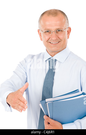 Glücklich erfolgreicher Geschäftsmann geben Händedruck Transaktion schließen isoliert Porträt Stockfoto