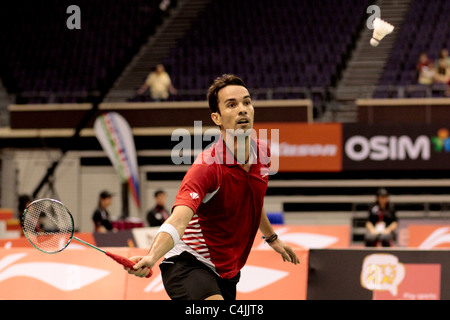 Nathan Robertson aus England während ihrer Mixed-Doppel-Viertelfinale der Li-Ning Singapur Open 2011. Stockfoto