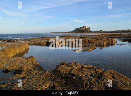 Felsenbad bei Ebbe mit Bamburgh Castle an der Küste bei Bamburgh in Northumberland, England Stockfoto
