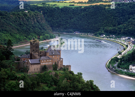 Loreley, Rhein, Deutschland Schloss Katz Konzert Open Air Bühne auf Hügel Märchen Frau auf Stein im Fluss gefährliche Kurve Einbahnstraße Lichter Wasser Stockfoto