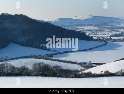 Snow bedeckt South Downs, Blick von Wolstonbury Hill in der Nähe von Hurstpierpoint West in Richtung Devils Dyke Stockfoto