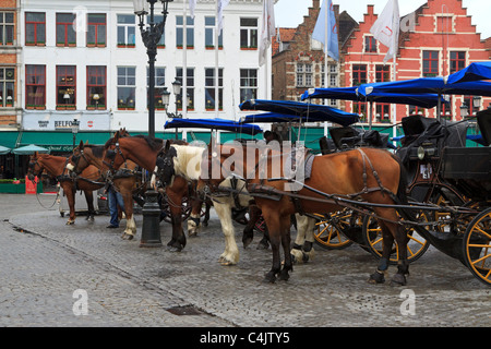 Eine Reihe von Pferden gezogene Kutschen erwartet Touristen an einem regnerischen Tag in Brügge, Belgien. Stockfoto