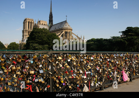 Liebesschlösser am Pont de L'Archeveque in Paris, Frankreich mit Notre Dame Stockfoto