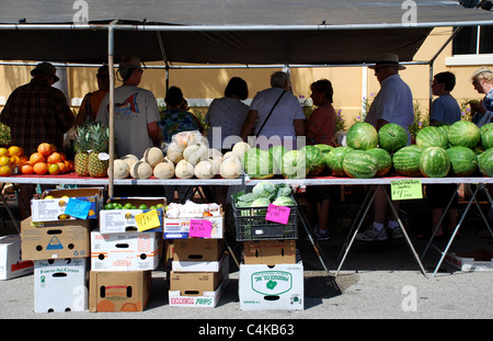 Kunden richten, am Samstagmorgen Farmers Market einzukaufen. in Punta Gorda, FL Bauernmarkt. Stockfoto