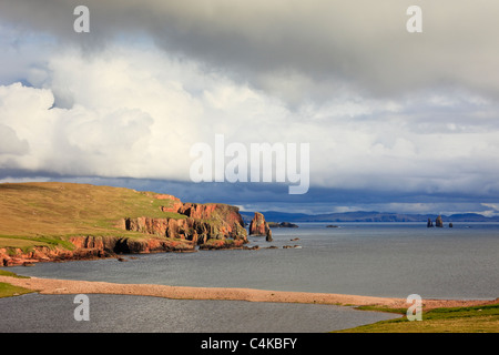 Eshaness, Shetland Islands, Schottland, Großbritannien. Blick über Braewick Bucht, die Neap Klippen und Drongs aus rotem Sandstein-Meer-stacks Stockfoto