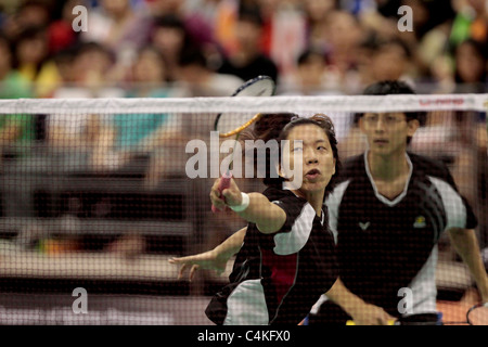 Cheng Wen-Hsing und Chen Hung-Ling von Chinese Taipei in Aktion während ihrer gemischten Doppel Finale Stockfoto