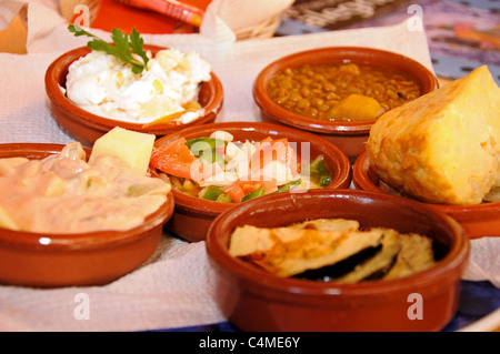 Auswahl an vegetarischen Tapas in einer Stadt im Zentrum Malaga, Costa Del Sol, Provinz Malaga, Andalusien, Spanien, Tapas-Bar, Western Euro Stockfoto