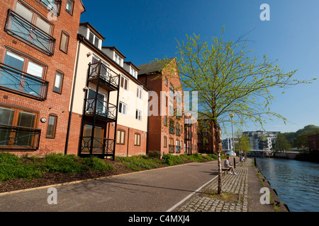 Luxuswohnungen am Flussufer entlang des Flusses Wensum in Norwich, Großbritannien Stockfoto