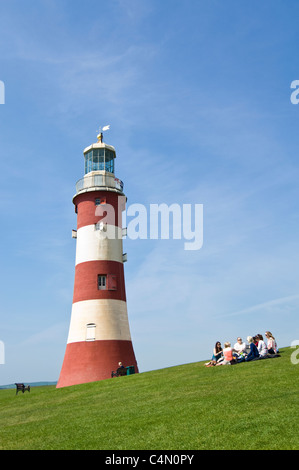 Vertikale Ansicht von Smeatons Tower Leuchtturm am Plymouth Hacke an einem sonnigen Tag. Stockfoto