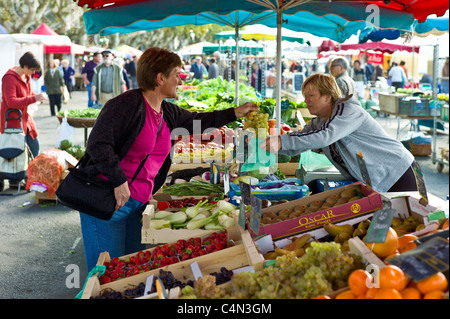 Französin kaufen Trauben an Obst stand im Lebensmittelmarkt auf der Esplanade des Quais in La Reole, Region Bordeaux, Frankreich Stockfoto