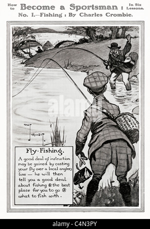 Werden Sie ein Sportler, Angeln, Edwardian Beratung für Fliegenfischer, verärgert, dass ein anderer Angler und er werden Ihnen sagen, wohin Sie gehen Stockfoto