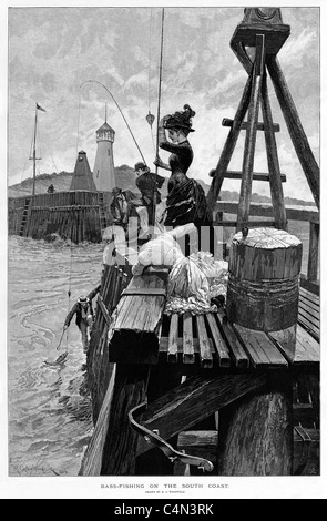 Baß-Fischen an der Südküste, 1884 Gravur der Damen und Herren in der Freizeit in einem englischen Hafen Stockfoto