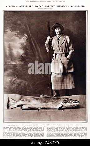 Rekord Tay Lachs verteilen 1922 Magazin auf, was dann die Rekord-Lachs auf der River Tay in Schottland und von einer Frau übernommen wurden Stockfoto