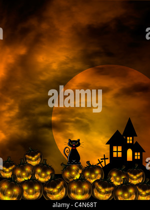 Halloween Pumpkin Patch Black Cat Mond Friedhof Grabstein Illustration geschnitzt Stockfoto