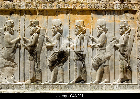 Bas-Reliefs und Kunst des persischen Reiches in Persepolis, Iran. Touristisches Wahrzeichen und antikes Denkmal in iranischer Stätte Stockfoto